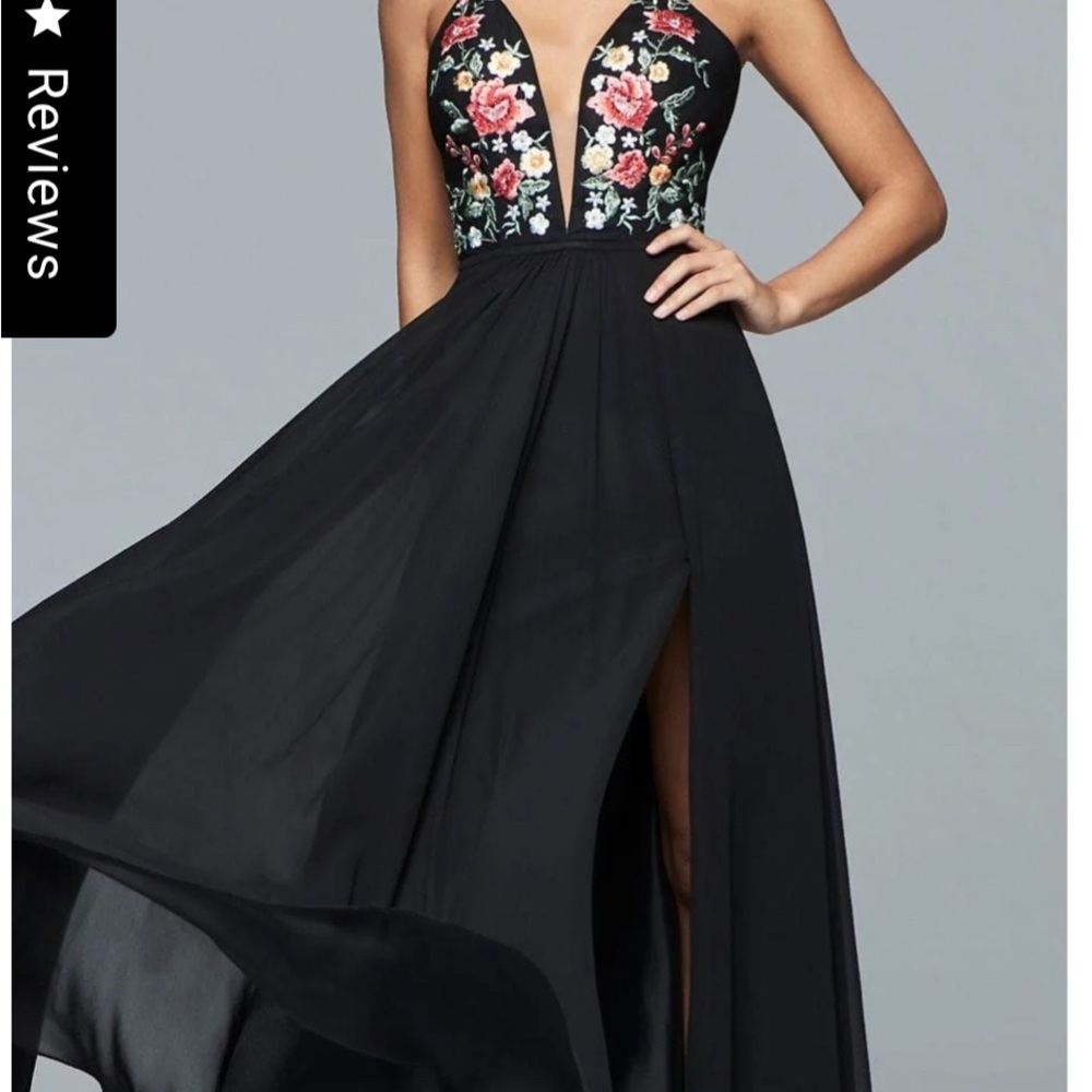 Faviana Black Embellished Gown with Plunge Neckline
